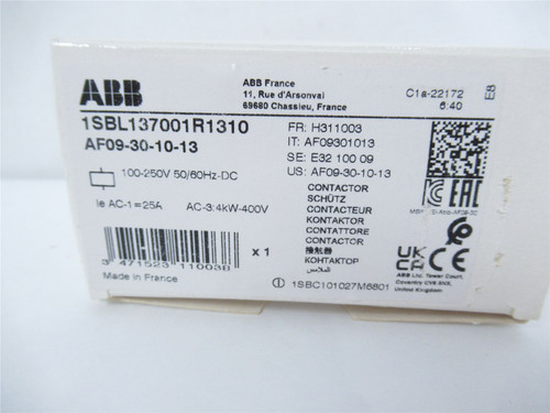 ABB AF09-30-10-13; Contactor 25A 600V Coil: 100-250VAC/VDC