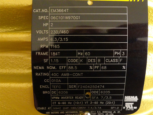 Baldor EM3664T; AC Motor; 2HP; 230/460V; 1165RPM; 3PH; 60HZ