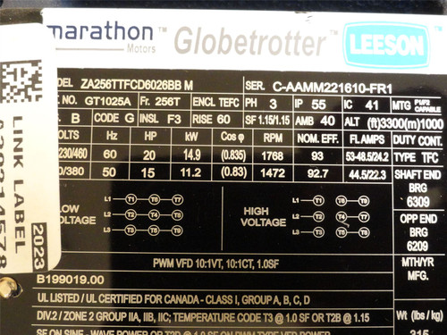Marathon ZA256TTFCD6026BB; AC Motor; 20HP; 230/460V; 1768RPM