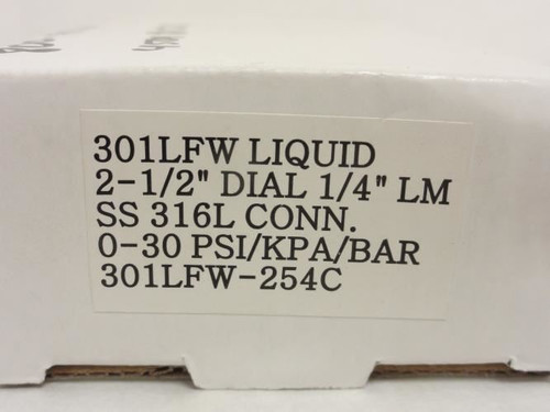 Precision Instrument 301LFW-254C; SS Pressure Gauge; 0-30PSI