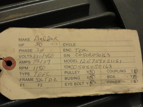 Baldor 12E759X511G1; Motor; 30Hp; 230/460V; 1180RPM; 3Ph