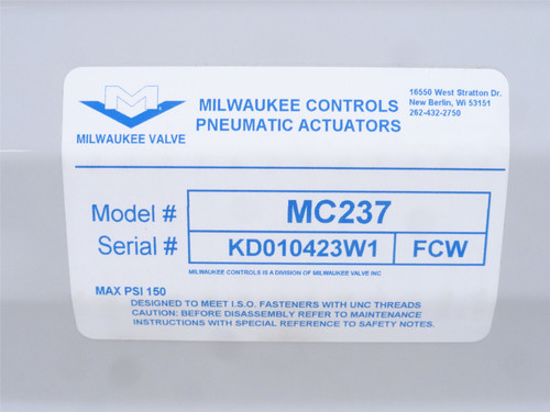 Milwaukee MC237; Double Acting Pneumatic Actuator