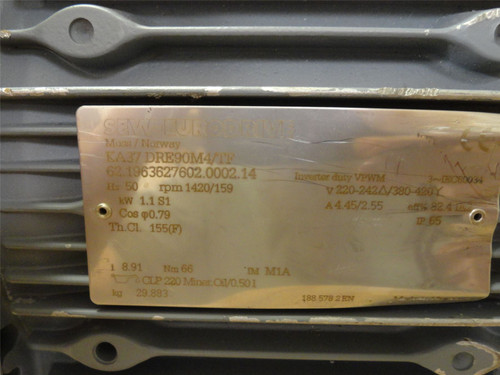 SEW KA37DRE90M4/TF; AC Gearmotor; 9:1 Ratio; 1.1kW; 380-420V