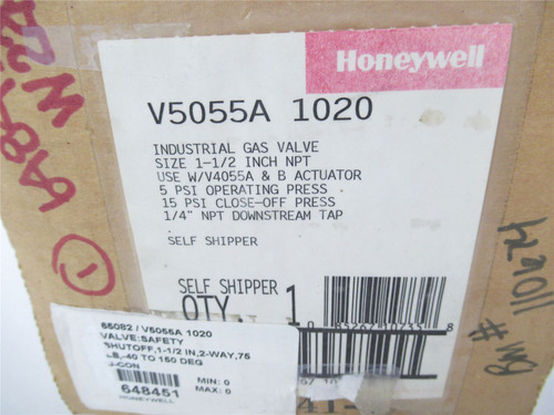 Honeywell V5055A 1020; Gas Valve 1.5NPT 1/4NPT downstrean tap