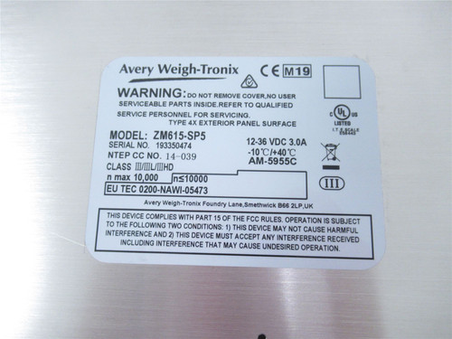 Avery Weigh Tronix ZM615-SP5; Display Panel 12-36VDC 3A