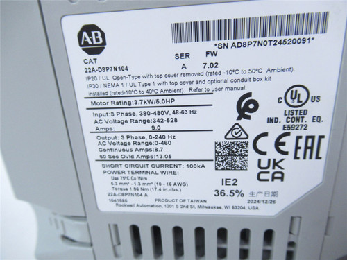 Allen-Bradley 22A-D8P7N104; PowerFlex AC Drive 5HP 480VAC 9A