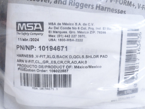 MSA 10194671; Extra Large V-FIT Harness MSA 10194671; Extra Large V-FIT Harness