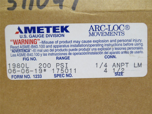 Ametek 175011; Pressure Gauge 1980L; 0-200PSI; No Plug