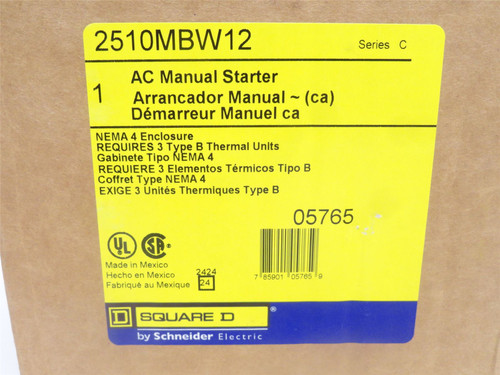Square D 2510MBW12; Manual Motor Starter; 18A; 3P; 600VAC