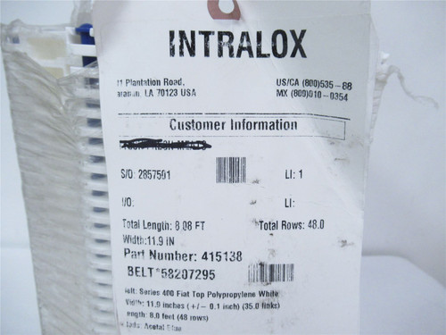 Intralox 415138; Belt Series 400 11.9"W 8'L 48 Rows
