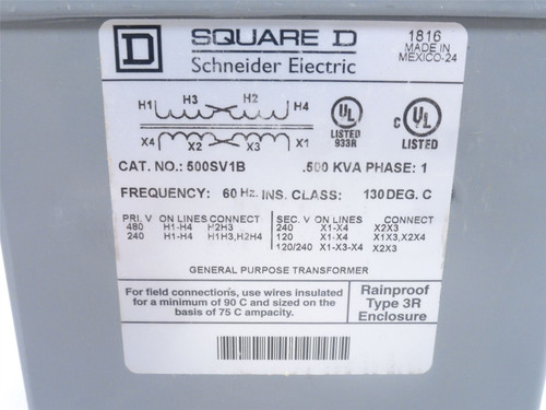 Square D 500SV1B; Transformer 0.5kVA 240/480V to 240/120V