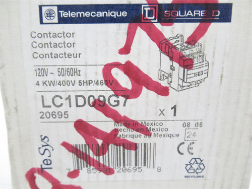 Telemecanique LC1D09G7; Contactor; 9A; 3P; 600V; Coil: 120VAC