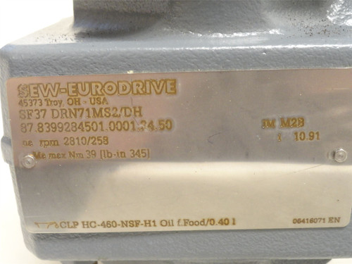 SEW SF37DRN71MS2; AC Gearmotor; 11:1 Ratio; Broken Shroud