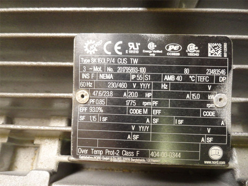 Nord SK160LP/4; AC Motor 20HP 230/460VAC 1775RPM