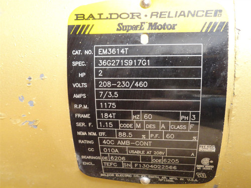 Baldor EM3614T; AC Motor; 2HP; 230/460V; 1175RPM; 3PH; 60Hz