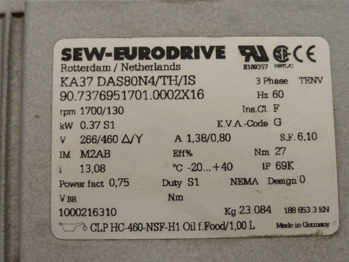 SEW KA37DAS80N4/TH/IS; AC Gearmotor .37kW 460VAC 13:1 Ratio