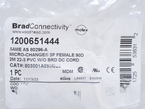 Woodhead 1200651444; Micro-Change Cord; 90Deg Female; 5-Pin
