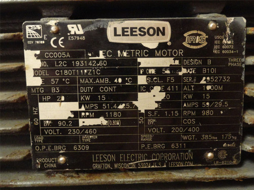 Leeson C180T11FZ1C; AC Motor 193142.60; 20HP 230/460VAC 1180RPM