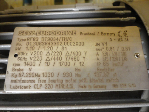 SEW RF83DT90S4/TH/C; AC Gearmotor W/Brake; 137:1 Ratio; 1.1kW