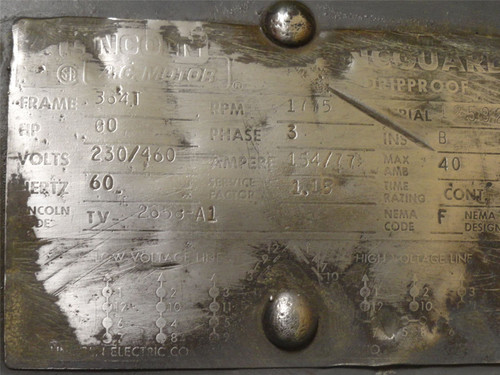 Lincoln TV-2658-A1; Re-wind AC Motor 60HP 460V 1800RPM Frame 364T