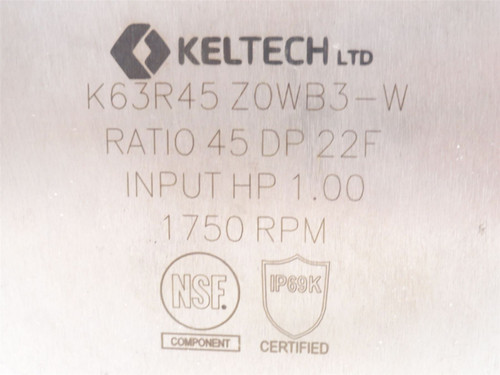 Keltech K63R45 Z0WB3-W; Speed Reducer; RA; SS; 45:1 Ratio