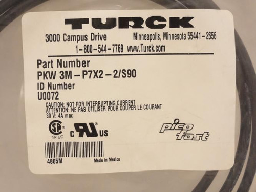 Turck U0072; Female Right Angle Cordset; 2m Long; 3-Wire