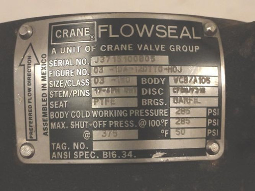 Crane 03-1DA-12DTTG-H0J; Flowseal Butterfly Valve; 3"dia; 285PSI