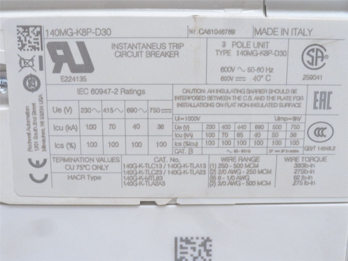 Allen-Bradley 140MG-K8P-D30; Circuit Breaker; 300A; 3P; 480VAC