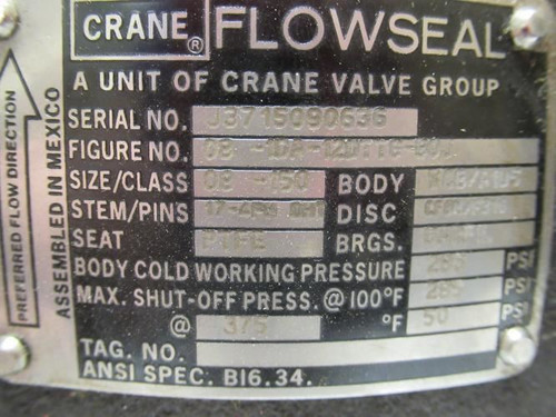 Crane 08-1DA-12DTTG-BOJ; Butterfly Valve; 8"; 150 Flange; 8-Bolt