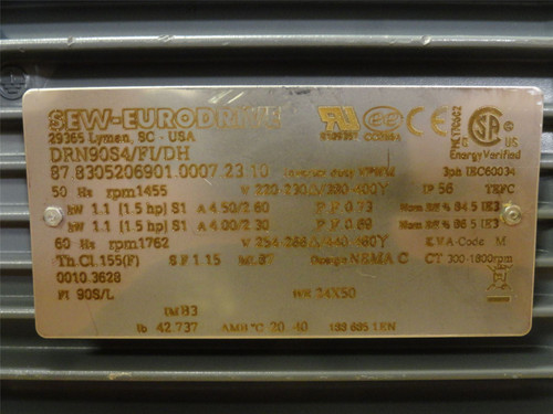 SEW DRN90S4/FI/DH; AC Motor 1-1/2HP 230/460V 1762RPM 60Hz