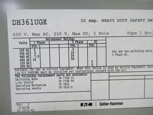 Eaton DH361UGK; Safety Switch; 30A; 3P; 600VAC; 250VDC; 3PST
