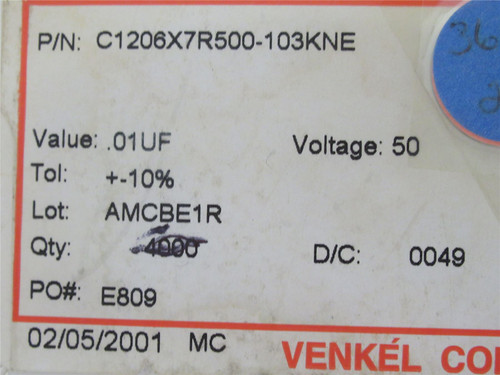 Venkel C1206X7R500-103KNE; Lot-3500 Ceramic Capacitor .01UF