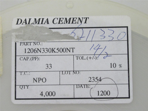 Dalmia 1206N330K500NT; Lot-3800 Ceramic Capacitor; 33PF; 10%