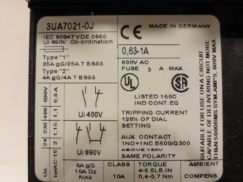 Siemens 3UA7021-0J; Overload Relay 0.63-1A; 3P; 600V