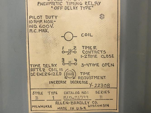 Allen-Bradley 849-ZAD33; Pneumatic Timing Relay; 10A; 600VAC