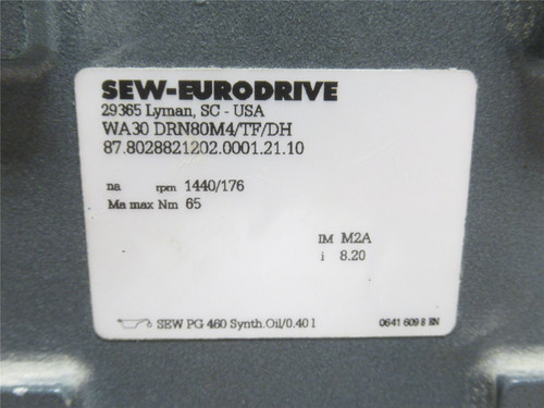 SEW WA30DRN80M4/TF/DH; AC Gearmotor 8.2:1 Ratio; 380-400V; 3PH