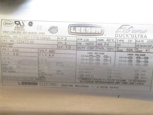 Leeson C145T17FB108AA; AC Motor 3HP 230/460V 1800RPM 122472.00