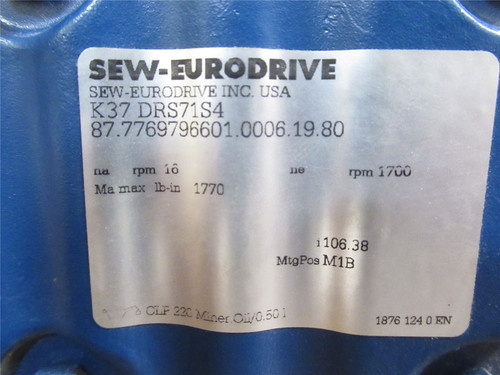 SEW K37DRS71S4; AC Gear Motor; 106.38:1 Ratio; 230/460V; 3PH