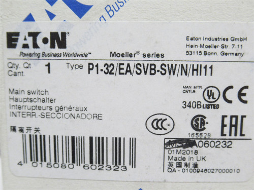 Eaton P1-32/EA/SVB-SW/N/HI11; Main Switch; 32A; 3P; 600VAC
