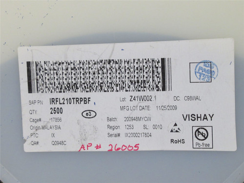 Vishay IRFL210TRPBF; Lot-1500 N-Chan MOSFET; 200V; 0.96A