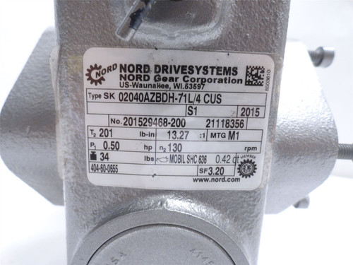 Nord SK02040AZBDH-71L/4CUS; AC Gearmotor; 13.27:1 Ratio; 1/2HP