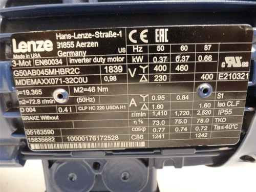 Lenze G50AB045MHBR2C; AC Gearmotor 19.36:1 Ratio; 0.37kW; 460V