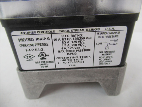 Antunes Controls 8102113005RHGP-G ; High Pressure Gas Switch