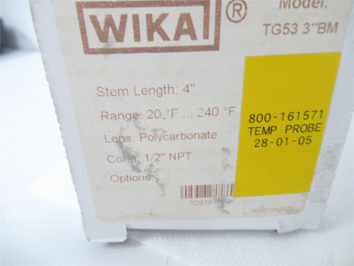 WIKA TG53 3" BM; Thermometer Bimetal Probe 20-240degF 1/2"NPT
