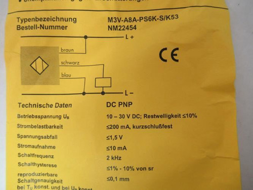 Beta Sensorik M3V-A8A-PS6K-S/K53; Cylinder Sensor; 10-30VDC