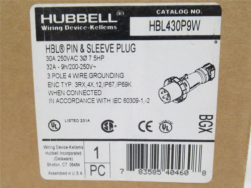 Hubbell HBL430P9W; Pin and Sleeve Plug 30A;125/250VAC