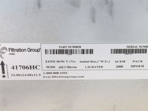 Filtration Group 41706HC; HEPA Filter 24" x 24" x 11-1/2"