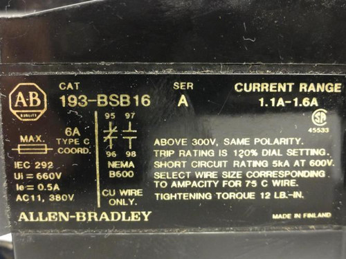 Allen-Bradley 193-BSB-16; Overload Relay; 1.1-1.6A; 3P; 600V Max