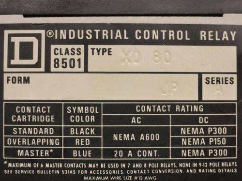 Square D 8501-XO80; Control Relay 8P 20A 600V Coil 120V/60Hz Form JP