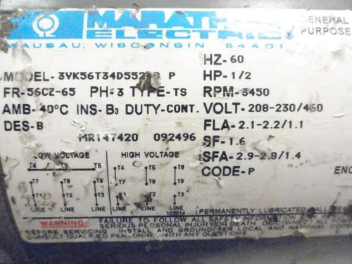 Marathon 3VK56T34D55278; Motor 1/2 HP 208-230/460V 3450RPM 3PH
